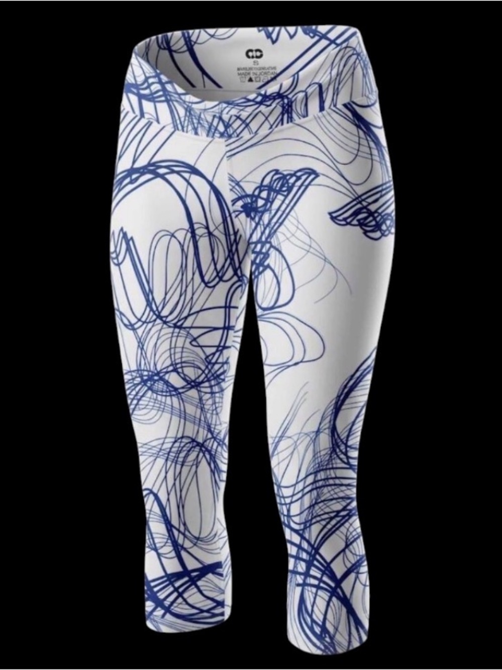 OC Women's Athletic Printed Capri Leggings Blue and White Scribble Pattern